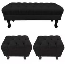Conjunto 01 Puff Calçadeira Retrô 1,00 Metro Luis Xv Mais 02 Puffs 50X40 cm Capitonê Suede Preto - DS Estofados