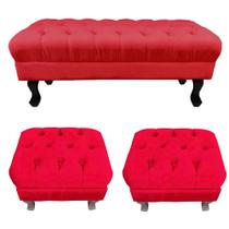 Conjunto 01 Puff Calçadeira Retrô 1,00 Metro Luis Xv Mais 02 Puffs 50X40 cm Capitonê Suede Vermelho - DS Estofados
