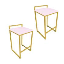 Conjunto 02 Banqueta Alta Industrial Pietra Suede Rosa Bebê Base Dourado D'Rossi