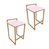 Conjunto 02 Banquetas Pietra Suede Rosa Bebê Base Cobre D03 - D'Rossi