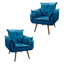 Conjunto 02 Poltronas Cadeira Decorativa Opala Pés Palito Veludo Azul Turquesa