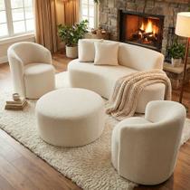 Conjunto 02 Poltronas + Sofá e Puff Curvo Orgânico Nature Gaia Boucle Bege - Montanaris Decor