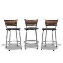 Conjunto 03 Bancos Baixos Estrutura Prata Junco Cappuccino Mesa Bistrô Bar Área Gourmet Linha Premium Itagold