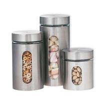 Conjunto 03 Potes Inox Com Visor De Vidro Alimentos Grãos