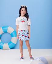 Conjunto 04/16 Momi Blusa Sweet Cherry Pérola E Shorts Azul Estampado Cerejas