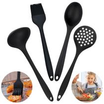 Conjunto 04 Peças Talheres Silicone Preto Utensilio Cozinha