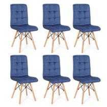 Conjunto 06 Cadeiras Eiffel Gomos Veludo Estofada Base Madeira - Azul Marinho