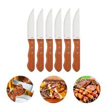 Conjunto 06 Facas de Churrasco Aço Inox Premium Cabo de Madeira e Lâminas Super Afiadas de 5 Polegadas Jumbo
