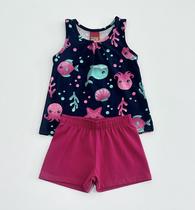 Conjunto 1/8 Kyly Blusa Azul Marinho Estampa Oceânica e Shorts Rosa