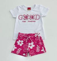 Conjunto 1/8 Kyly Blusa Branca Bordada e Shorts Rosa Floral Conjunto 1/8 Kyly Blusa Branca Bordada e Shorts Rosa Floral