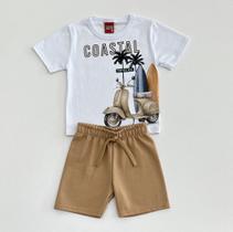 Conjunto 1/8 Kyly Camiseta Branca Estampa Scooter Vintage e Bermuda Bege