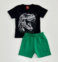 Conjunto 1/8 Kyly Camiseta Preta Dinossauro e Bermuda Verde Moletom