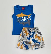 Conjunto 1/8 Kyly Infantil Azul Regata Tubarões e Bermuda Listrada