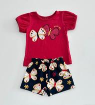 Conjunto 1/8 Kyly Infantil Blusa Vermelha Borboletas e Shorts Estampado Conjunto 1/8 Kyly Infantil Blusa Vermelha Borboletas e Shorts Estampado