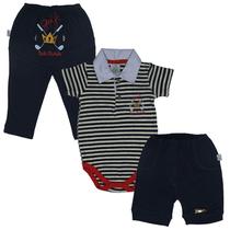 Conjunto 1 Body Manga Curta Polo Bordado Golf + 1 Shorts Bordado + 1 Calça Bordado