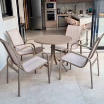 Conjunto 1 Mesa + 4 Cadeiras Para Área Externa, Gourmet, Jardim e Churrasqueira - Cor Cappuccino e Tela Café com Leite