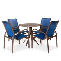 Conjunto 1 Mesa + 4 Cadeiras Para Área Externa, Gourmet, Jardim e Churrasqueira - Cor Marrom com Tela Azul