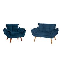 Conjunto 1 Namoradeira com 1 Poltrona Opala Luxo com Pés Estilo Retrô - Azul Marinho