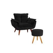 Conjunto 1 Poltrona Opala com 1 Puff Redondo Luxo com Pés Estilo Retrô - Preto