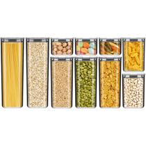 Conjunto 10 Potes Herméticos Organizadores Transparente Empilhável Transparente para Cozinha Armário Despensa Comida Alimento Grãos Massas Temperos