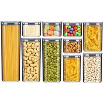 Conjunto 10 Potes Herméticos Quadrado Organizador Cozinha Armário Dispensa Massa Alimento Grãos Tempero Doce Multiúso Transparente Empilhável
