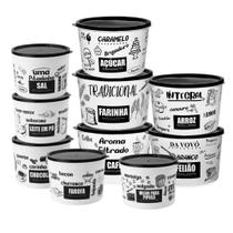 Conjunto 10 Potes Mantimentos Plástico Com Tampa Decorado Black White Cozinha Exclusivo 2 Litros e 1 Litros