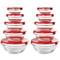 Conjunto 10 Potes Tigela Vidro Tampa Vermelho Class Home