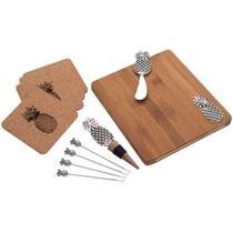 Conjunto 11 Peças Para Aperitivos Com Tábua de Madeira Abacaxi Zamac Prata