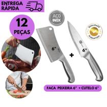 Conjunto 12 Peças 6 Cutelo Inox Inteiriço 6" + 6 Faca Peixeira Inox 6" Profissional Cozinha Restaura Conjunto 12 Peças 6 Cutelo Inox Inteiriço 6" + 6 Faca Peixeira Inox 6" Profissional Cozinha Restaura