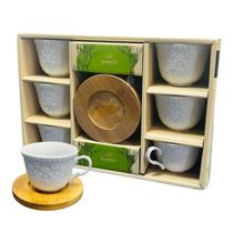 Conjunto 12 Peças 6 Xícaras Porcelana 90ml Com 6 Pires Bambu