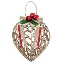 Conjunto 12 Peças Decoração Enfeite Bola Coração Árvore Natal Dourada Glitter Natalina 11,5cm