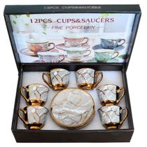 Conjunto 12 Peças, Xícaras para Café 80ml Luxo com Detalhes Dourados