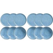 Conjunto 12 Pratos Rasos e Fundos Cerâmica Azul Breeze Porto Brasil Mesa Posta