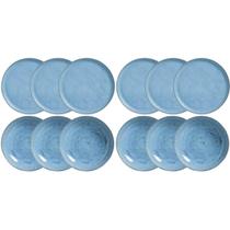Conjunto 12 Pratos Rasos e Fundos Cerâmica Azul Breeze Porto