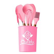 Conjunto 12 Utensílios De Cozinha Silicone Rosa Cabo Madeira