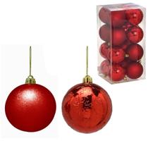 Conjunto 16 Bolas Para Arvore Natal 8cm Brilhante Relevo Fosco Enfeite Natalino Premium - Vermelho