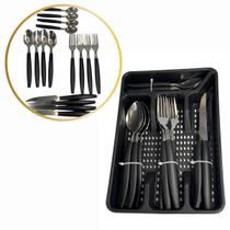 Conjunto 17 Peças Faqueiro com Porta Talher Moderno Faca Garfo Colher Cor Preta