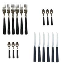 Conjunto 18 Peças Mesa Posta Talheres Faqueiro Faca Garfo Colher De Sobremesa Cabo Preto Elegante Jantar Almoço