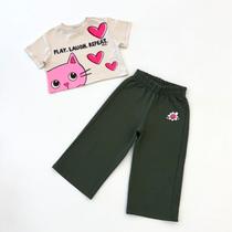 Conjunto 2/14 Bimbi Blusa Gatinha e Calça Verde Bordada - Conjunto 2/14 Bimbi Blusa Gatinha e Calça Verde Bordada -