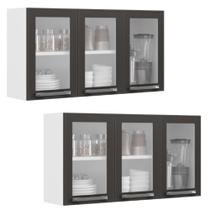 Conjunto 2 Armários de Cozinha Aéreos Itatiaia Aço 3 Portas Com Vidro Florença Grafite/Branco