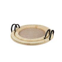 Conjunto 2 Bandejas Decorativas em Fibra Natural Rattan e Alça de Metal NP0048 BTC