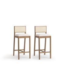 Conjunto 2 Banquetas Madeira Maciça Encosto em Tela Natural e Assento Estofado Serena