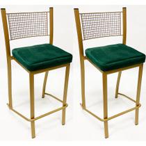 Conjunto 2 Banquetas Média para Cozinha Empilhável cor Dourado Fosco assento veludo verde Altura 65cm