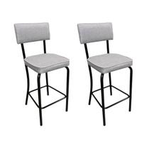 Conjunto 2 Banquetas Olivia Altura 65cm para Bar e Cozinha Preta com Assento Confortável Linho Cinza Encosto Estofado