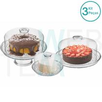 Conjunto 2 Boleiras com e sem Pé e Queijeira de Vidro Petit Poa Vitazza para Bolos, Doces, Mesa Posta, Praticidade Sustentável, Organização, Decoração