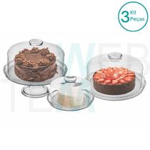 Conjunto 2 Boleiras com e sem Pé e Queijeira Porta Queijos de Vidro Vitazza Bolos, Doces, Mesa Posta, Praticidade Sustentável, Organização, Decoração