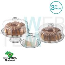 Conjunto 2 Boleiras com e sem Pé e Queijeira Porta Queijos de Vidro Vitazza Bolos, Doces, Mesa Posta, Praticidade Sustentável, Organização, Decoração