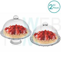 Conjunto 2 Boleiras de Vidro com e sem Pé e Tampa Lírio Vitazza Prato 32cm para Bolo, Festa, Decoração, Organização, Mesa Posta Elegante e Sustentável