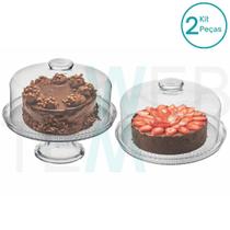 Conjunto 2 Boleiras de Vidro com e sem Pé e Tampa Vitazza Prato 28cm para Bolo, Doce, Festa, Decoração, Organização, Mesa Posta Elegante e Sustentável