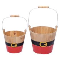 Conjunto 2 cachepots vermelhos balde de madeira cinto noel